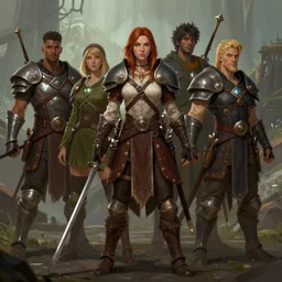 a group of rag tag fantasy characters, DND party, diverse, armed and armored, digital art, artstation,