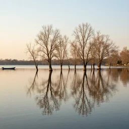 professional photography of calm lake, reflection of dry trees in lake, golden hour soft light, boat in lake, highly detailed, art by greg rutsoswki