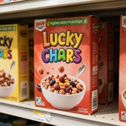 a box of lucky charms cereal on a grocery store shelf