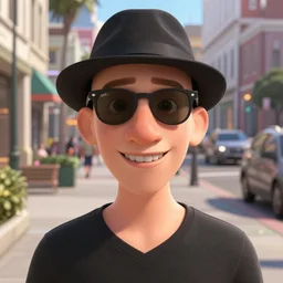 pixar sci - fi movie still close - up portrait photo of bald white young man wearing a black v - neck shirt, black ray - bans, black fedora, large nose : : sidewalk in sf, perfect teeth, facing the camera : : by greg rutkowski, wlop, rossdraws, artgerm, weta, marvel, unreal engine, bright morning, gq model, : :