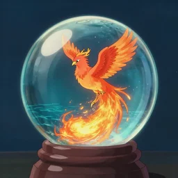 glass crystal ball, phoenix firebird rising from the ashes inside, ocean below, studio ghibili, path traced, octane render, highly detailed, high quality, artgerm, hd, alphonse mucha, tom bagshaw
