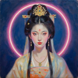 portrait of an ancient princess, neon circle aura in the background, by ross tran, oil on canvas