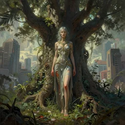 an intricate concept portrait painting pose of a dystopian woman standing behind a humongous tree in an undergrowth city, post - apocalyptic, dystopian, style ivan talavera and artgerm, radiant lighting, hyper realistic, photorealistic, octane render, artstation, cgsociety, cinematic light, global illumination, sci - fi
