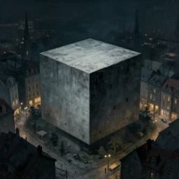 European city where eternal night reigns and in the middle stands a giant concrete cube without any windows, painting, dark fantasy art, creepy