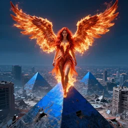 portrait of a red - haired fire angel standing at the summit of a giant blue pyramid above a city in ruins