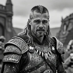a cinematic view of wide bw photo from a very ornated old odin mixed with brad pitt viking, shaved haircut, mexican mustache, showing celtic tattoos in the head, using chrome armour with necklace of teeth, naughty expression, photorealistic, volummetric light, depth of field, detailed, texturized, zeiss lens high professional mode