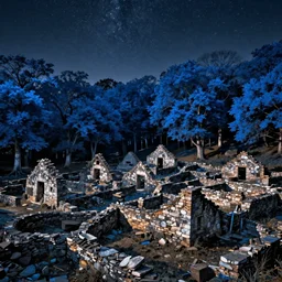 the ruins of a village made out of stone in a forest of blue trees at night, a night sky filled with stars