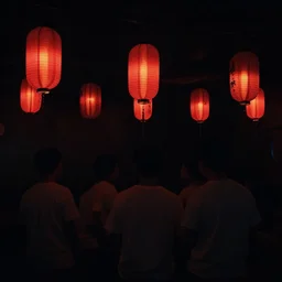 a tiny night club with five red chinese lanterns, people's silhouettes close up, wearing white t - shirts that glow in the dark, minimalism, darkness