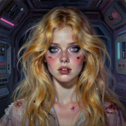 a beautiful and eerie baroque painting of a gorgeous young woman in dead space, with wild blonde hair and haunted eyes and freckles, 1 9 7 0 s, seventies, space station, neon light showing injuries, delicate ex embellishments, painterly, offset printing technique