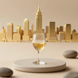 5 5 mm photo of little wine - glass on a zen minimalist table with gold new york city skyline in the background. highly detailed 8 k. intricate. lifelike. warm soft light. nikon d 8 5 0.
