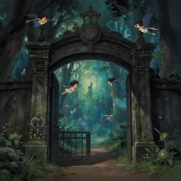 gate portal with another world visible inside style studio ghibli and Gerald Brom, pixies flyng, dreamy, mystical, dark, fantasy