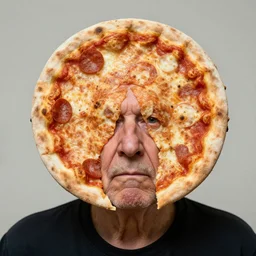 portrait of an old man with a flat circular head, shaped like a pizza, with a small face sticking through the center of the pizza shape, remarkable documentation, disturbing reality, unsettling, extremely detailed, soft lighting, sharp focus, highly symmetrical, exhibition, masterpiece by morten krogvold