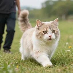 giant kitten chasing a man through a field, photo, detailed, 4k