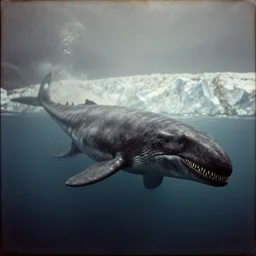 rare photograph of a huge underwater creature, swimming above water, terrifying, imposing, scary, dinosaur, realistic, glaciers in the background, edwardian photo, historic, shot from afar, very grainy, blurry, damaged, dramatic, night - time, 1 9 0 0, 1 9 1 0 s