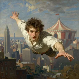 a young man flying through new york city. his hands stretched to the side. a floating circus in the background. art by gustave courbet.