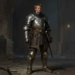 a middle-aged, beat down man who is a night city guard captain, he wears a battered chest plate and old boots, fantasy, medieval, single character concept art, medium shot, rule of thirds, digital art,