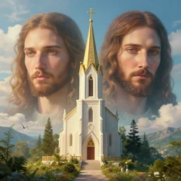 a photo of a dream world. it is a beautiful landscape. the detail is amazing. simply stunning. jesus, church, perfect faces