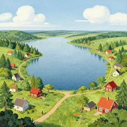 a fantasy landscape with houses around a big lake, lowbrow in the style of alexander jansson,