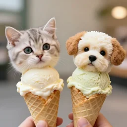 cute kitten and puppy heads as ice cream scoops on cones, hyperrealistic, trending on artstation