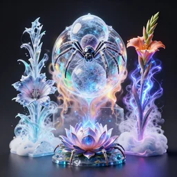 3 d close cubic automata! with translucent calamity sphere and giant lotus spider and giant gladiola surrounded by rainbow smoke and oil energy flow, highly detailed. octane render, daily render, raytracing, symmetrical composition, by wlop, tooth wu, arthur adams, beeple. ice and thunder