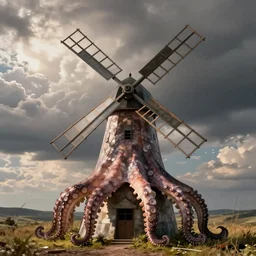 a windmill made out of octopus arms, digital art, artstation