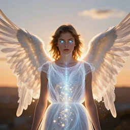 centered  waist up portrait photography an angel + eyes everywhere + glowing linework, dissolve to energy particles of light + bokeh + strong DOF + 8k, photorealistic + composition by Peter Mohrbacher + line work by Dan Mumford , ultra realistic + backlit + strong rimlight, sunset + HDRI, HD, Photoreal
