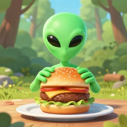 green alien making burgers for fellas in the forest, sunny day
