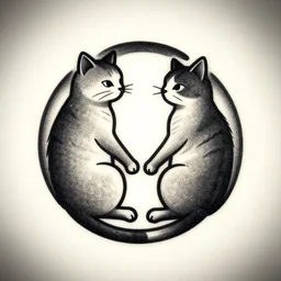 two cats holding each other's tail, circle design, tattoo design, designed by Android Jones
