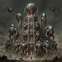 inks of 4 character, tiered grimy medic god machines, cluster tiered heirarchy, battle chaos, mainframe hydrocracking battles, medical chromed, oppressive dystopian, spider run space station, by wayne d barlowe, h r giger, simon bisley, geof darrow, alex nino, boris vallejo, enric torres, hyper realism, narrative light, muted