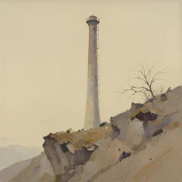 abandoned thin pillar silo, distant knotted branches, extremely detailed rocky crag, unfinished canvas, dry brush texture, strokes visible, wash