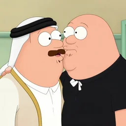 peter griffin kissing osama bin laden, detailed faces, highly detailed, family guy style