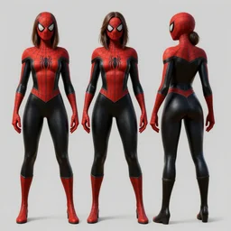 full body character turnaround of a woman in an orb weaver outfit, character sheet, matte painting, spiderman!!, spiderwoman!!, john singer sargent, good value control, highly detailed portrait, character turnaround, digital painting, concept art, sharp focus, smooth, 3 d model, illustration, realistically proportioned body red and black color scheme, black main color