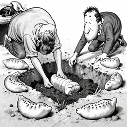 digging up da sorry knish plinth replicas of the eternal worm, b + w screentone artwork by gary larson