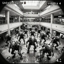 camera footage of a Hundreds of Rabid Zerglings in an abandoned shopping mall, high exposure, dark, monochrome, camera, Unreal engine 5, grainy, CCTV, security camera footage, timestamp, zoomed in, fish-eye lens, Evil, Zerg, Brood Spreading, horrifying, lunging at camera :4