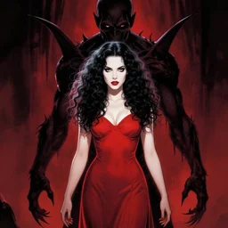 artgerm, joshua middleton comic cover art, full body, pretty alyson hannigan, evil dead demon, evil dead movie, red dress, symmetrical eyes, symmetrical face, long curly black hair, cinematic lighting, evil dead creature, scary, blood
