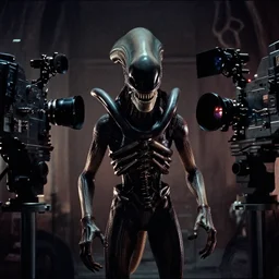 a wide angle movie still from alien ( 1 9 7 9 ) by ridley scott showing an alien xenomorph looking at camera | sci - fi and supernatural horror | uneasy and uncanny atmosphere | shot on celluloid with panavision cameras | panavision lenses | 3 5 mm film negative width | anamorphic projection format | critically acclaimed | oscar winning practical effects