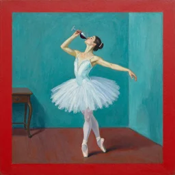 square painting of a ballerina drinking wine in a teal room all on a red background