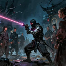 cyborg ninja with laser gun in the night, very long shot, enviroment, extremely detailed, jama jurabaev, greig fraser, roger deakins, shaddy safadi, feng shu, neil blevins, trending on artstation, high quality, brush stroke
