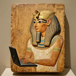 fayum portrait of a man using a computer, mummy portrait, from egypt, from luxor, on wood