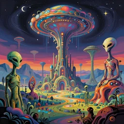 psychedelic enchanted alien world, universe in the sky, aliens, bright colors, wide angle shot, vector art, illustration by frank frazetta and salvador dali