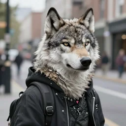 beautiful furry digital art portrait commission of an androgynous furry anthro wolf fursona wearing punk clothes in the streets of a cyberpunk city. neon signs. character design by charlie bowater, ross tran, artgerm, and makoto shinkai, detailed, inked