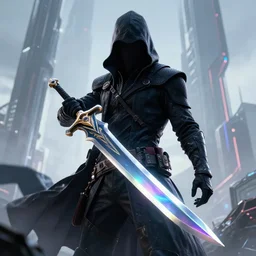 a powerful cloaked assassin character with sharp glossy iridescent sword. megastructure background. epic character, neon, epic fire effect. 4 k octane render, unreal engine 5 render, hyper realistic, wlop, chebokha, artgerm