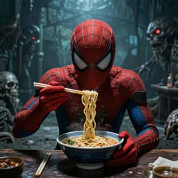 spiderman eating ramen in a liminal space, H.R. Giger, creepy, found footage, liminal space, realistic, 4k
