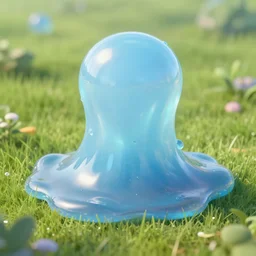 concept art of one transparent translucent closeup bluish slime in the meadow. fantasy art, high details, masterpiece, cgsociety, octane render, 8 k, volumetric lighting, photorealism, translucent raytracing, artstation contest winner