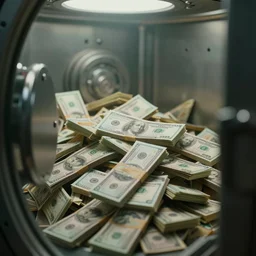 a film still of cash money piling up in a vault, shallow depth of field, cinematic, award winning cgi, vfx, film still cfg _ scale : 1 8. 0