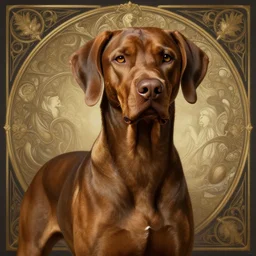 portrait of black vizsla dog, d & d, muscular, fantasy, intricate, elegant, highly detailed, digital painting, artstation, concept art, smooth, sharp focus, illustration, art by artgerm and greg rutkowski and alphonse mucha