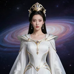 portrait of the powerful empress of the solar system in the style of jeremy mann. glowing, ornate and intricate linework, stunning, dynamic lighting, ultrafine and hyperdetailed.