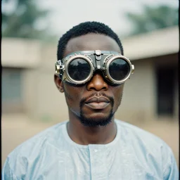 an analogue portrait photo of a Traditional igbo man wearing futuristic mecha steam punk goggles, 35mm, f/1.4,
