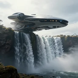 a scifi spacecraft on top of a waterfall, zaha hadid design, beautiful landscape, environment, low angle view, hyper realism, concept art, low angle, high detail, volumetric, dramatic lighting, long shadows, ominous, misty, beautiful, by maxime bibi and jordan grimmer, breathtaking scene, cinematic, 8 k