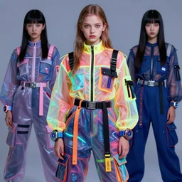 a 1 9 9 0's cgi rtx hdr portrait of a beautiful russian girl detailed features wearing a futuristic school uniform brights, utility chic, sheer fabrics, zippers, belts & velcro galore, big techno watches, cargo pants, designed by balenciaga bypainting bioluminance alena aenami artworks in 4 k by jesper ejsing, feng zhu and lo